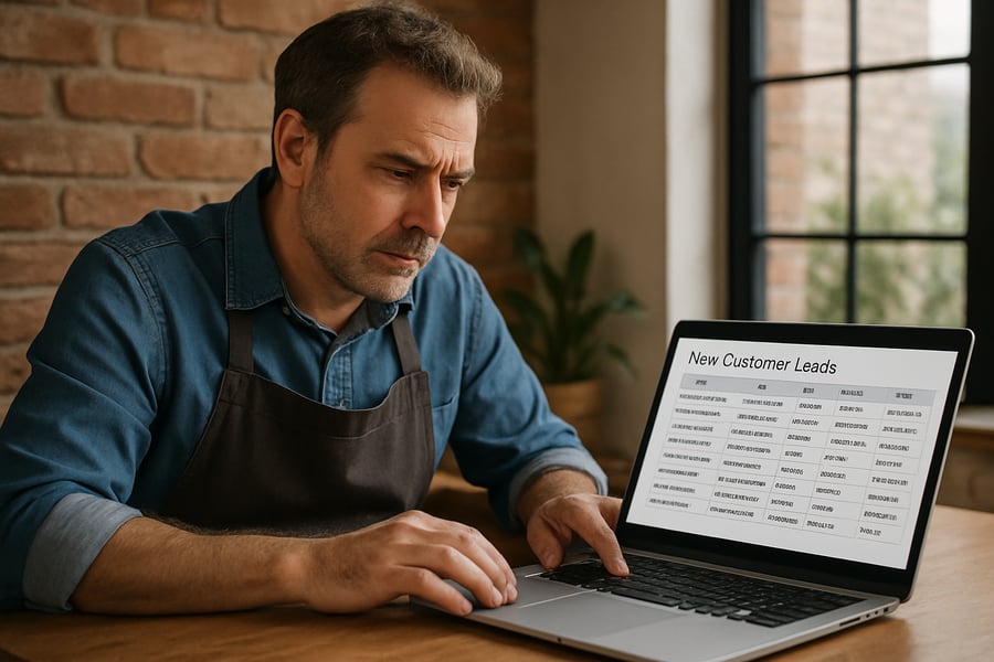 Local business owner reviewing new customer leads on a laptop